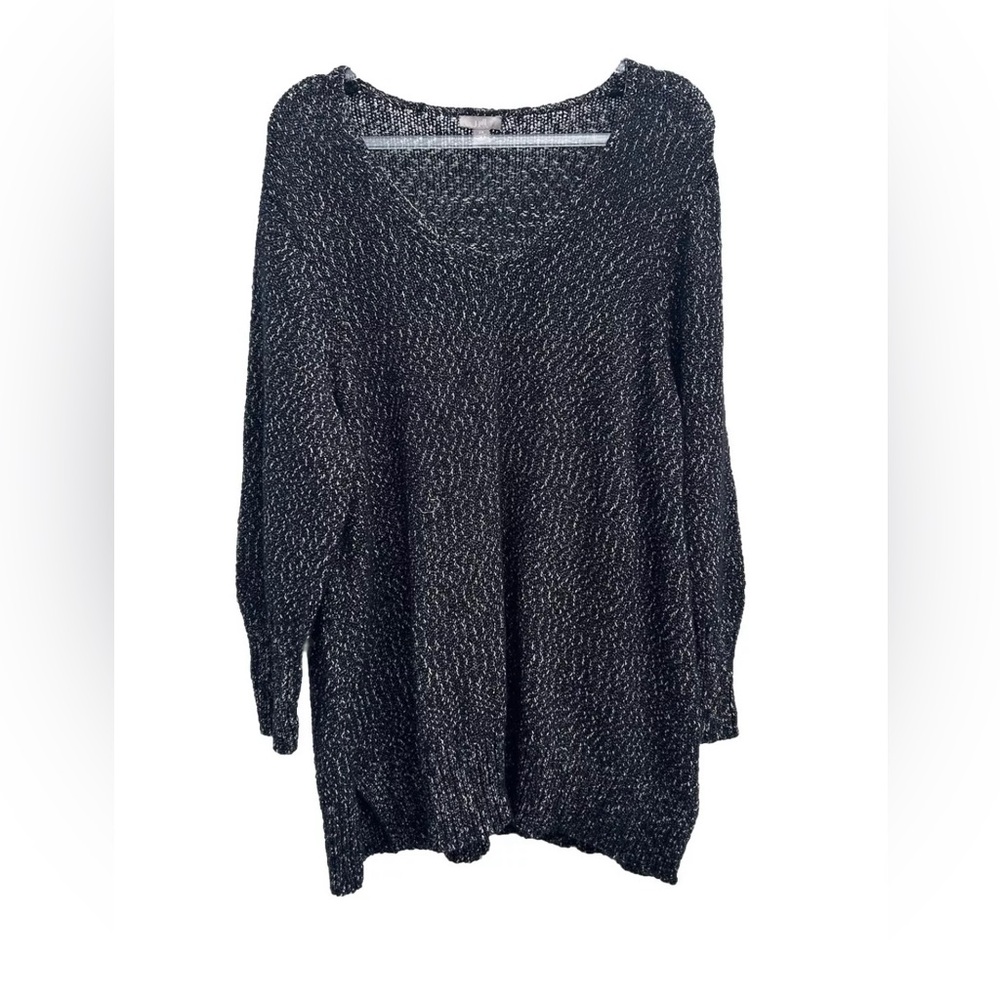 J Jill Marled Sweater Womens 2X Plus Sz Black/white Long Tunic Oversized V-neck